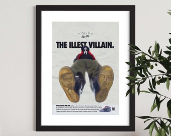 Può includere: Un poster in bianco e nero con il testo "The Illest Villain." Il poster presenta una persona con una maschera nera e una camicia rossa, seduta con le gambe in aria. Le scarpe della persona sono visibili, e le suole delle scarpe hanno un viso su di esse. Il poster include anche il testo "Operation: SPR YEA!" e una descrizione del poster.