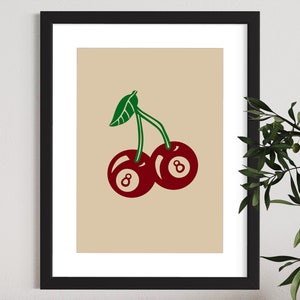 Trendy 8 Ball Cherries Print | Quirky Poster | Lucky Eight Ball Print | Vintage Retro Poster | Wall Art, A2 A3 A4 Poster | Aesthetic Room