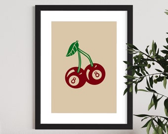 Trendy 8 Ball Cherries Print | Quirky Poster | Lucky Eight Ball Print | Vintage Retro Poster | Wall Art, A2 A3 A4 Poster | Aesthetic Room