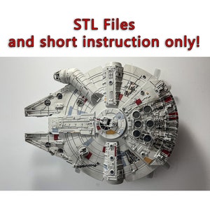 May include: A white, gray, and red detailed model of the Millennium Falcon spaceship. The model is a 3D printed design and is ready to be assembled.