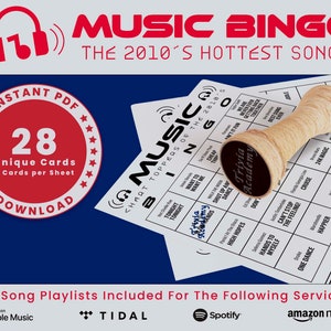 Bingo musical de los años 2010, 28 tarjetas únicas en total con listas de reproducción incluidas, los mejores éxitos de 2010 a 2019, descarga digital en formato PDF, 2 tarjetas por hoja, imprimible