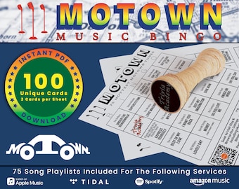 Motown Music Bingo, 100 Unique Cards Total w/ Playlists Included, Top Motown Hits, PDF Digital Download, 2 Cards Per Sheet, Printable