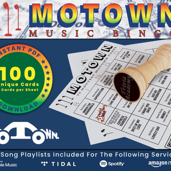 Motown Music Bingo, 100 Unique Cards Total w/ Playlists Included, Top Motown Hits, PDF Digital Download, 2 Cards Per Sheet, Printable