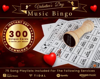 Valentine's Day Music Bingo, 300 Unique Cards Total w/ Playlists Included, Love Songs, PDF Digital Download, 2 Cards Per Sheet, Printable