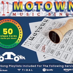 Motown Music Bingo, 50 Unique Cards Total w/ Playlists Included, Top Motown Hits, PDF Digital Download, 2 Cards Per Sheet, Printable image 1