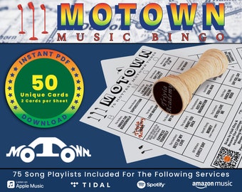 Motown Music Bingo, 50 Unique Cards with Playlists (PDF Digital Download)