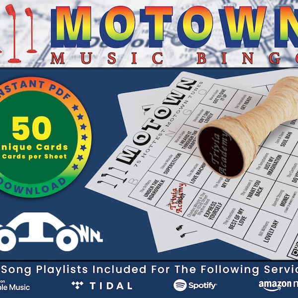 Motown Music Bingo, 50 tarjetas únicas en total con listas de reproducción incluidas, mejores éxitos de Motown, descarga digital en PDF, 2 tarjetas por hoja, imprimible