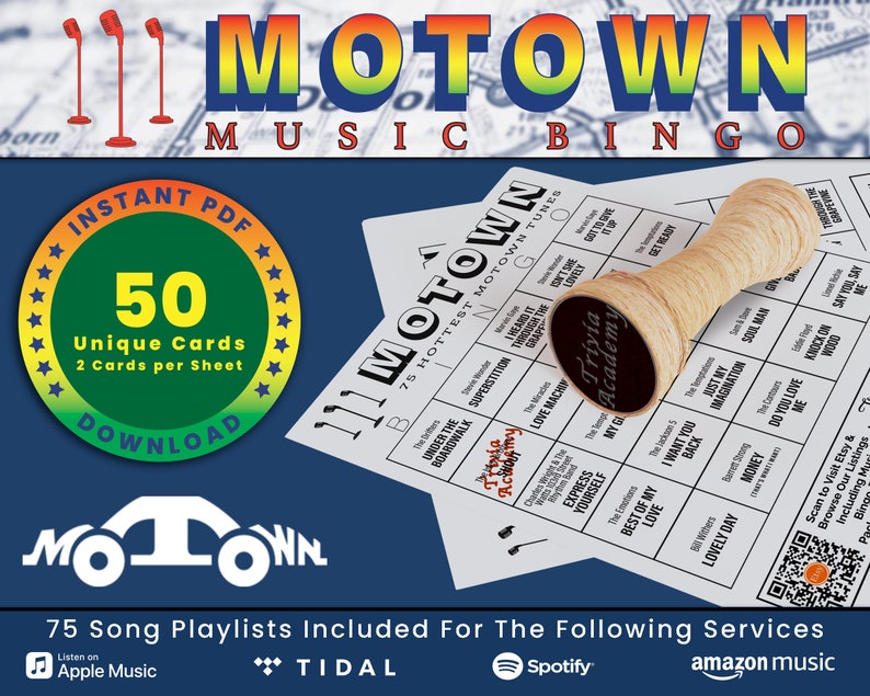 Motown Music Bingo, 50 Unique Cards Total w/ Playlists Included, Top Motown Hits, PDF Digital Download, 2 Cards Per Sheet, Printable image 1
