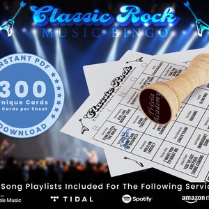 Bingo klassieke rockmuziek, 300 kaarten in totaal inclusief afspeellijsten, klassieke rockhits, digitale pdf-download, 2 kaarten per vel, afdrukbaar