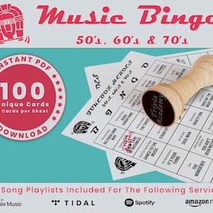Muziekbingo jaren 50, 60 en 70, 100 unieke kaarten in totaal inclusief afspeellijsten, jukeboxbingo, pdf-download, 2 kaarten per vel, afdrukbaar