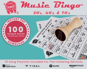 50's, 60's, & 70's Music Bingo, 100 Unique Cards Total w/ Playlists Included, Jukebox Bingo, PDF Download, 2 Cards Per Sheet, Printable