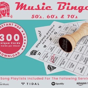 50er, 60er, & 70er Jahre Musik Bingo, insgesamt 300 Einzigartige Karten mit Playlists, Jukebox Bingo, PDF-Download, 2 Karten pro Blatt, druckbar