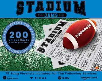 Stadium Anthem Music Bingo, 200 Unique Cards Total w/ Playlists Included, Sporting Jams, PDF Digital Download, 2 Cards Per Sheet, Printable