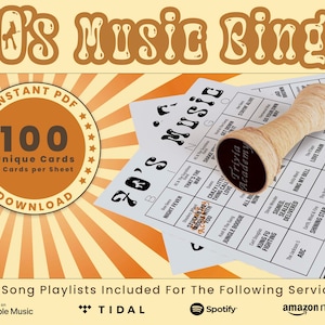 Bingo musical de los años 70, 100 tarjetas únicas en total con listas de reproducción incluidas, los mejores éxitos de 1970-1979, descarga digital en formato PDF, 2 tarjetas por hoja, imprimible