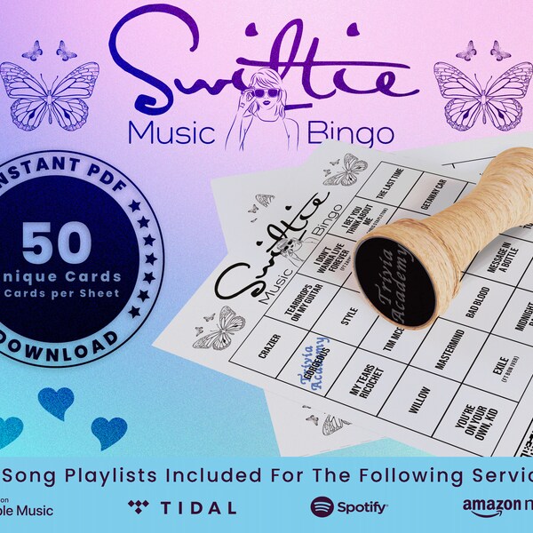 Taylor Swift Music Bingo, 50 Unique Cards Total w/ Playlists Included, PDF Digital Download, 2 Cards Per Sheet, Printable
