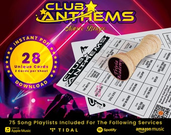 Pode incluir: Um cartão de download digital rosa e amarelo para um jogo de bingo musical chamado "Club Anthems". O cartão inclui 28 cartões de bingo únicos, 2 cartões por folha, e 75 listas de reprodução de músicas para Apple Music, Tidal, Spotify e Amazon Music. O cartão também inclui um carimbo que diz "Trivia Academy".