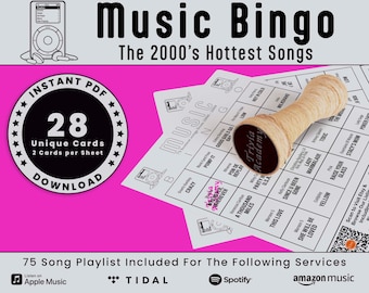 May include: A black and white printable bingo card with the title "Music Bingo: The 2000's Hottest Songs". The card features 25 squares with song titles from the 2000s, such as "Crazy", "Pump It", "Whenever, Wherever", and "This Love". The card is designed to look like an old-school iPod.