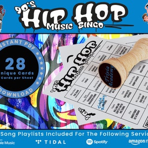 Jaren 90 hiphopmuziekbingo, 28 unieke kaarten in totaal inclusief afspeellijsten, digitale pdf-download, 2 kaarten per vel, afdrukbaar
