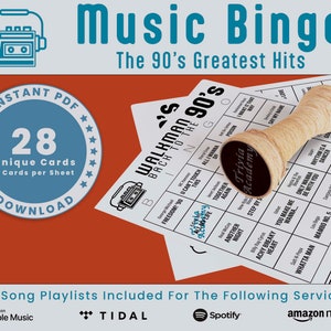 Bingo musical de los 90, 28 tarjetas únicas en total con listas de reproducción incluidas, los mejores éxitos de 1990 a 1999, descarga digital en formato PDF, 2 tarjetas por hoja, imprimible