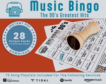 May include: A red and white printable PDF download for a 90's music bingo game. The download includes 28 unique bingo cards with 2 cards per sheet. The image also shows a cassette tape, a bingo card, and a stamp that says "Trivia Academy".