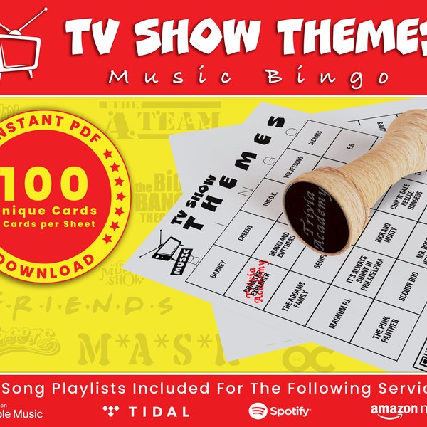 TV Theme Song Music Bingo, 100 Unique Cards Total w/ Playlists Included, TV Theme Songs, PDF Digital Download, 2 Cards Per Sheet, Printable