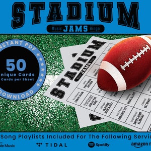 Stadium Anthem Music Bingo, 50 Unique Cards Total w/ Playlists Included, Sporting Events, PDF Digital Download, 2 Cards Per Sheet, Printable