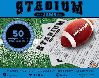 Stadium Anthem Music Bingo, 50 Unique Printable Cards with Playlist (PDF Digital Download)