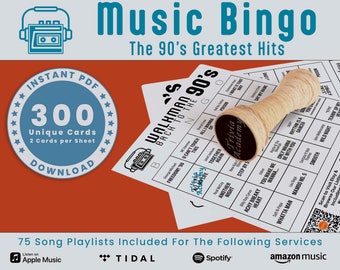 90's Music Bingo, 300 Unique Cards Total w/ Playlists Included, Top Hits of 1990-1999, PDF Digital Download, 2 Cards Per Sheet, Printable