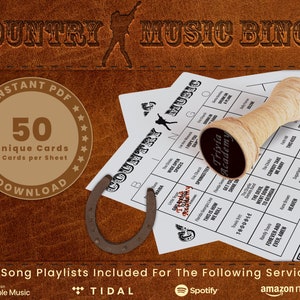 Bingo de música country vol 1, total de 50 cartas exclusivas com listas de reprodução incluídas, principais sucessos country, download digital em PDF, 2 cartas por folha, para impressão
