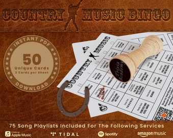 Puede incluir: Un fondo de cuero marrón con una hoja de papel blanca en la parte superior. El papel tiene un juego de bingo de música country impreso en él. El juego incluye 50 tarjetas únicas, 2 tarjetas por hoja. El juego está disponible como descarga instantánea de PDF. La imagen también incluye una herradura marrón, un sello de madera con las palabras "Trivia Academy" impresas en él y un código QR. El texto "75 listas de reproducción de canciones incluidas para los siguientes servicios" está impreso en la parte inferior de la imagen, junto con los logotipos de Apple Music, Tidal, Spotify y Amazon Music.