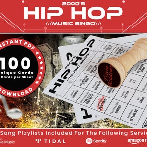 2000er Jahre Hip Hop Musik Bingo, insgesamt 100 einzigartige Karten mit Playlists inklusive, PDF Digital Download, 2 Karten pro Blatt, printable