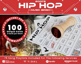 2000s Hip Hop Music Bingo, 100 Unique Printable Cards with Playlist (PDF Digital Download)