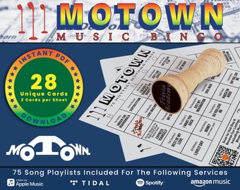 Motown Music Bingo, 28 Unique Cards Total w/ Playlists Included, Top Motown Hits, PDF Digital Download, 2 Cards Per Sheet, Printable