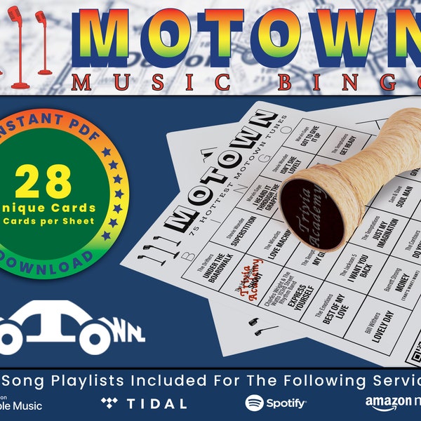 Motown Music Bingo, 28 Unique Cards Total w/ Playlists Included, Top Motown Hits, PDF Digital Download, 2 Cards Per Sheet, Printable