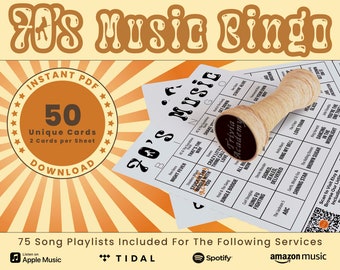 Puede incluir: Una tarjeta de bingo de música de los 70 imprimible con 50 tarjetas únicas, 2 tarjetas por hoja. La tarjeta presenta una variedad de éxitos musicales de los 70, incluyendo "Night Fever", "That's the Way", "Crazy Little Thing Called Love", "Jungle Boogie", "Kung Fu Fighting", "Signed, Sealed, Delivered", "Ring My Bell", "Love Train", "Shining Star" y "Brown Sugar".