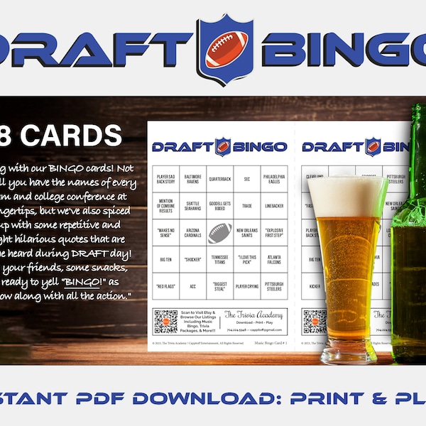 2024 Draft Bingo | 28 Unique Cards Total | Digital Download | 2 Cards Per Sheet | Printable | Call Sheet Included | Teams, Positions, Quotes