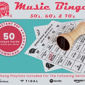 Bingo musical de los años 50, 60 y 70, 50 tarjetas únicas en total con listas de reproducción incluidas, bingo de Jukebox, descarga en PDF, 2 tarjetas por hoja, imprimible