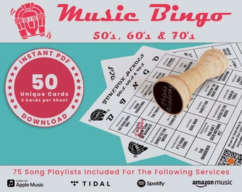 50's, 60's, & 70's Music Bingo, 50 Unique Cards Total w/ Playlists Included, Jukebox Bingo, PDF Download, 2 Cards Per Sheet, Printable