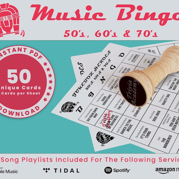 50's, 60's, & 70's Music Bingo, 50 Unique Cards Total w/ Playlists Included, Jukebox Bingo, PDF Download, 2 Cards Per Sheet, Printable