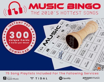 2010's Music Bingo, 300 Unique Cards Total w/ Playlists Included, Top Hits of 2010-2019, PDF Digital Download, 2 Cards Per Sheet, Printable