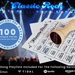 Bingo klassieke rockmuziek, 100 kaarten in totaal inclusief afspeellijsten, klassieke rockhits, digitale pdf-download, 2 kaarten per vel, afdrukbaar