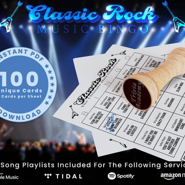 Classic Rock Music Bingo, 100 Cards Total w/ Playlists Included, Top Classic Rock Hits, PDF Digital Download, 2 Cards Per Sheet, Printable