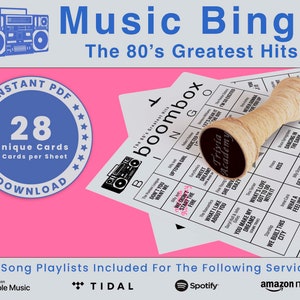 Bingo musical de los 80, 28 cartas únicas en total con listas de reproducción incluidas, mejores éxitos de 1980-1989, descarga digital en PDF, 2 cartas por hoja, imprimible