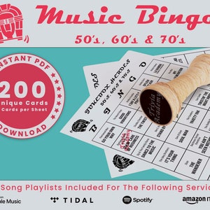Bingo musical de los años 50, 60 y 70, 200 tarjetas únicas en total con listas de reproducción incluidas, bingo Jukebox, descarga en PDF, 2 tarjetas por hoja, imprimible