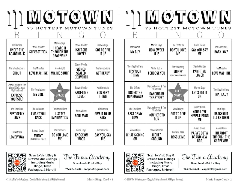 Motown Music Bingo, 50 Unique Cards Total w/ Playlists Included, Top Motown Hits, PDF Digital Download, 2 Cards Per Sheet, Printable image 2