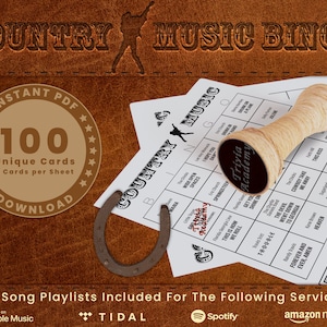 Bingo à musique country, volume 1, 100 cartes uniques au total avec listes de lecture incluses, meilleurs tubes country, téléchargement numérique PDF, 2 cartes par feuille, imprimable
