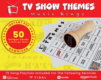 Bingo musical con canciones de TV, 50 cartones únicos con lista de reproducción (Descarga digital en PDF)