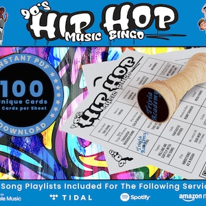 Bingo de música hip hop de los años 90, 100 tarjetas únicas en total con listas de reproducción incluidas, descarga digital en formato PDF, 2 tarjetas por hoja, imprimible