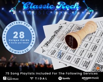 May include: A blue and white printable PDF download for a Classic Rock Music Bingo game. The download includes 28 unique bingo cards with 2 cards per sheet. The game features 75 song playlists from popular music streaming services like Apple Music, Tidal, Spotify, and Amazon Music.