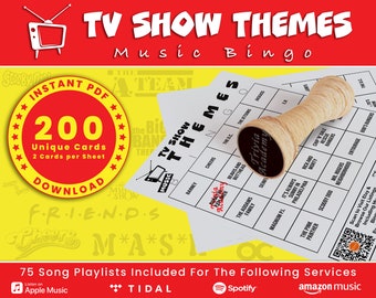 Bingo musical con canciones temáticas de TV: 200 tarjetas únicas con lista de reproducción (descarga digital en PDF)